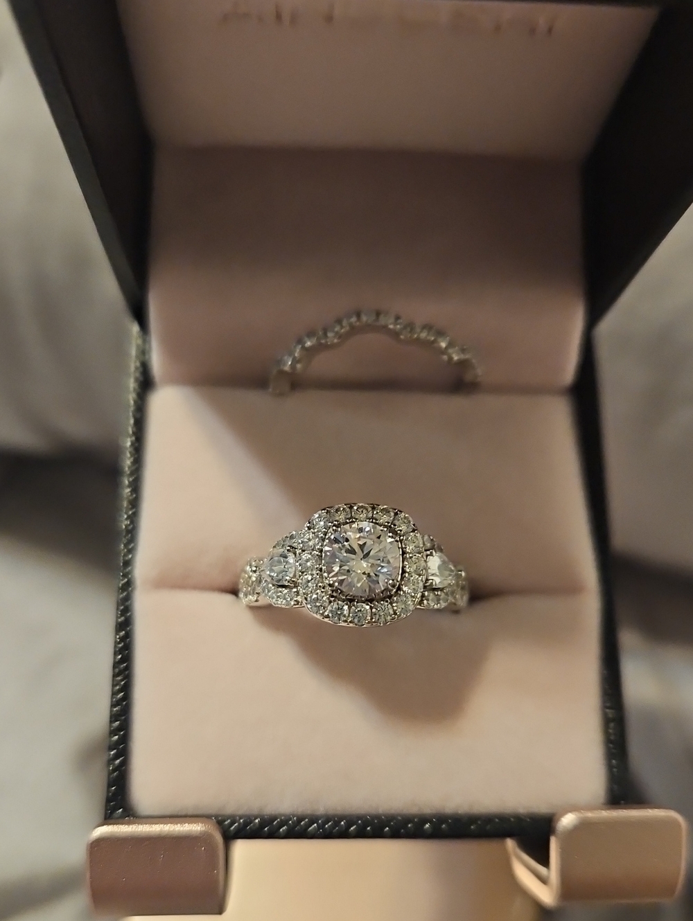 Sterling Silver Halo Diamond Engagement Ring and Band - Women Jewelry